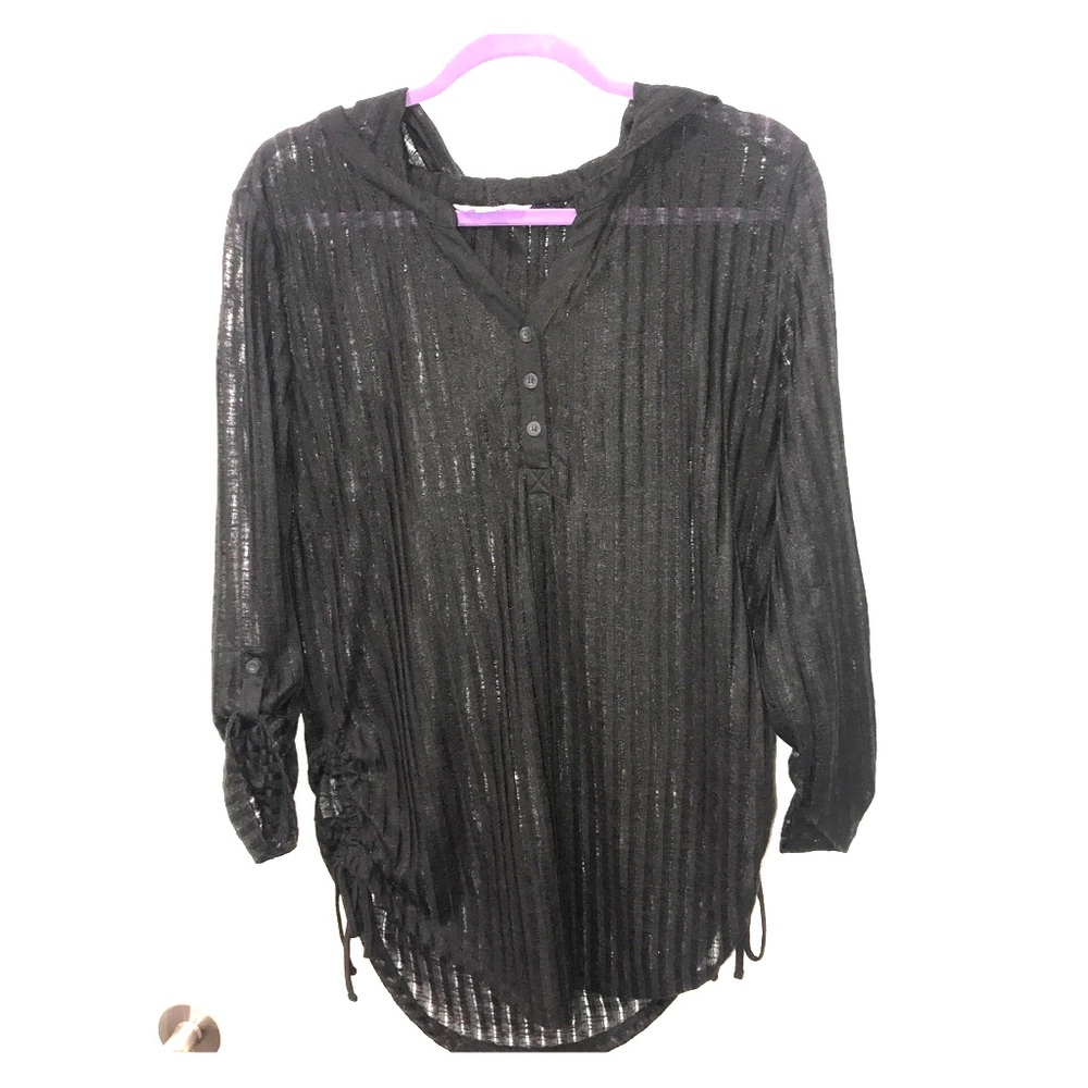 Billabong Ribbed See-Through Hooded 3/4 Sleeve Top